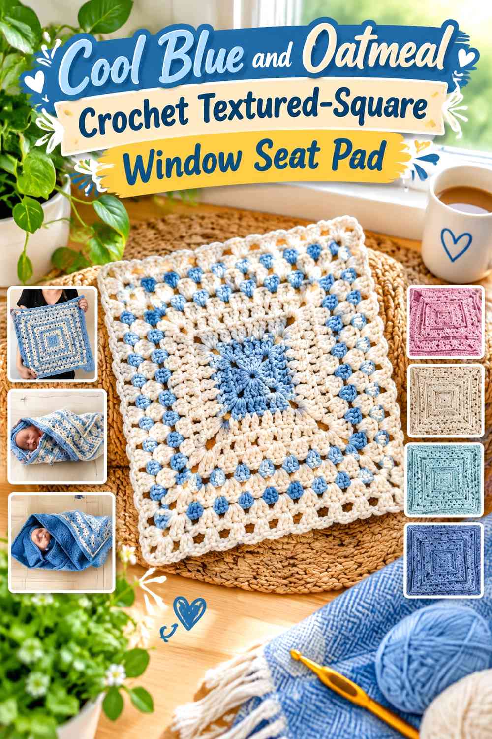 Cool Blue and Oatmeal Crochet Textured-Square Window Seat Pad