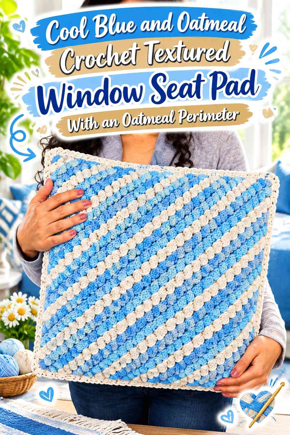 Cool Blue and Oatmeal Crochet Textured Window Seat Pad With an Oatmeal Perimeter