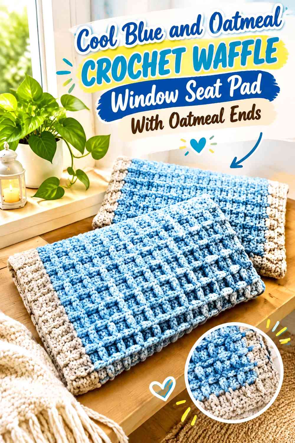 Cool Blue and Oatmeal Crochet Waffle Window Seat Pad With Oatmeal Ends