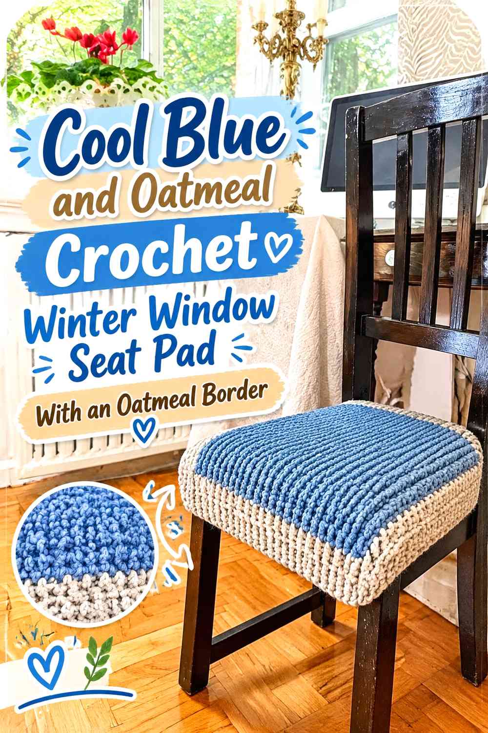 Cool Blue and Oatmeal Crochet Winter Window Seat Pad With an Oatmeal Border
