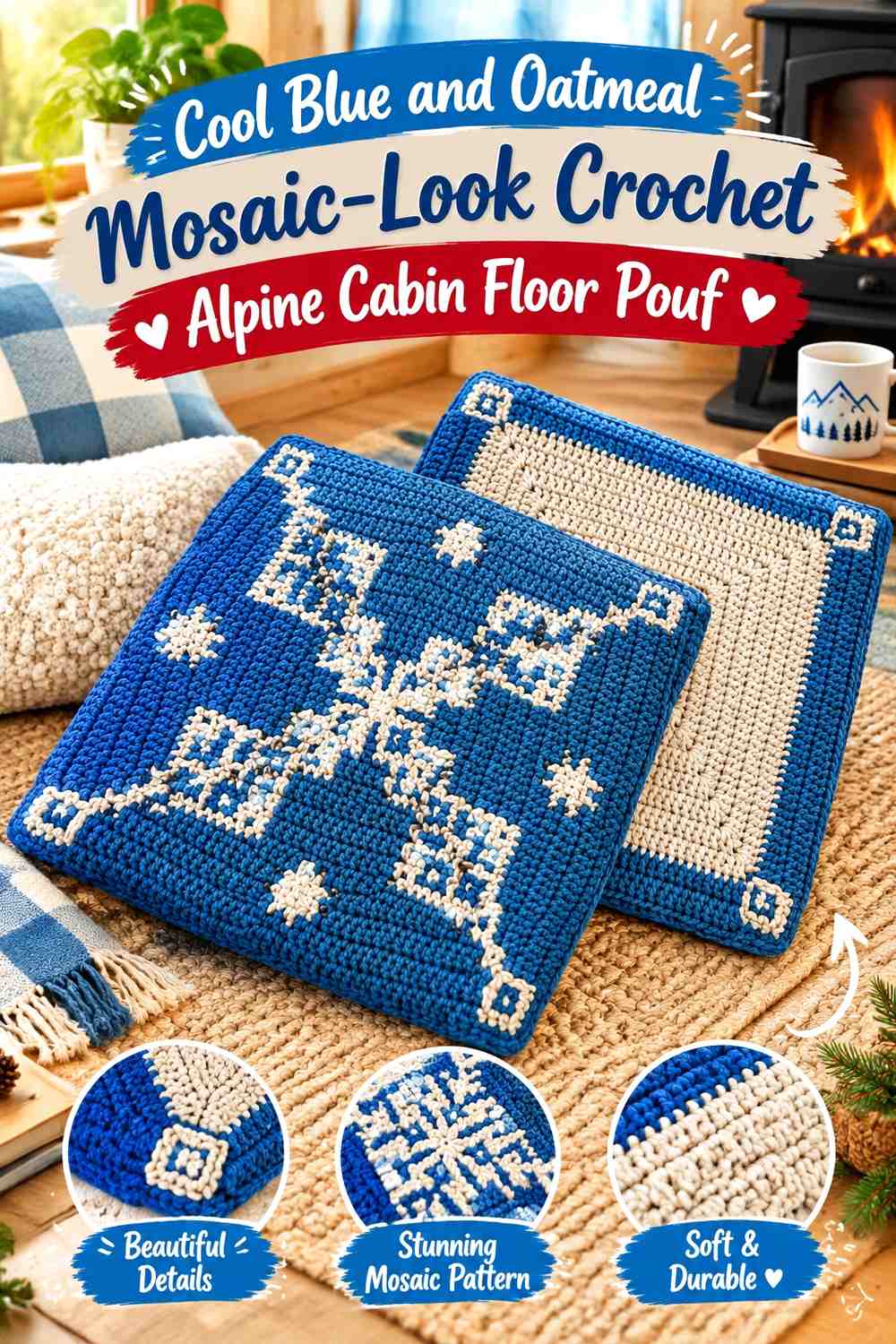 Cool Blue and Oatmeal Mosaic-Look Crochet Alpine Cabin Floor Pouf