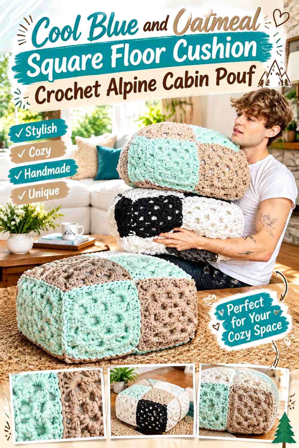 Cool Blue and Oatmeal Square Floor Cushion Crochet Alpine Cabin Pouf