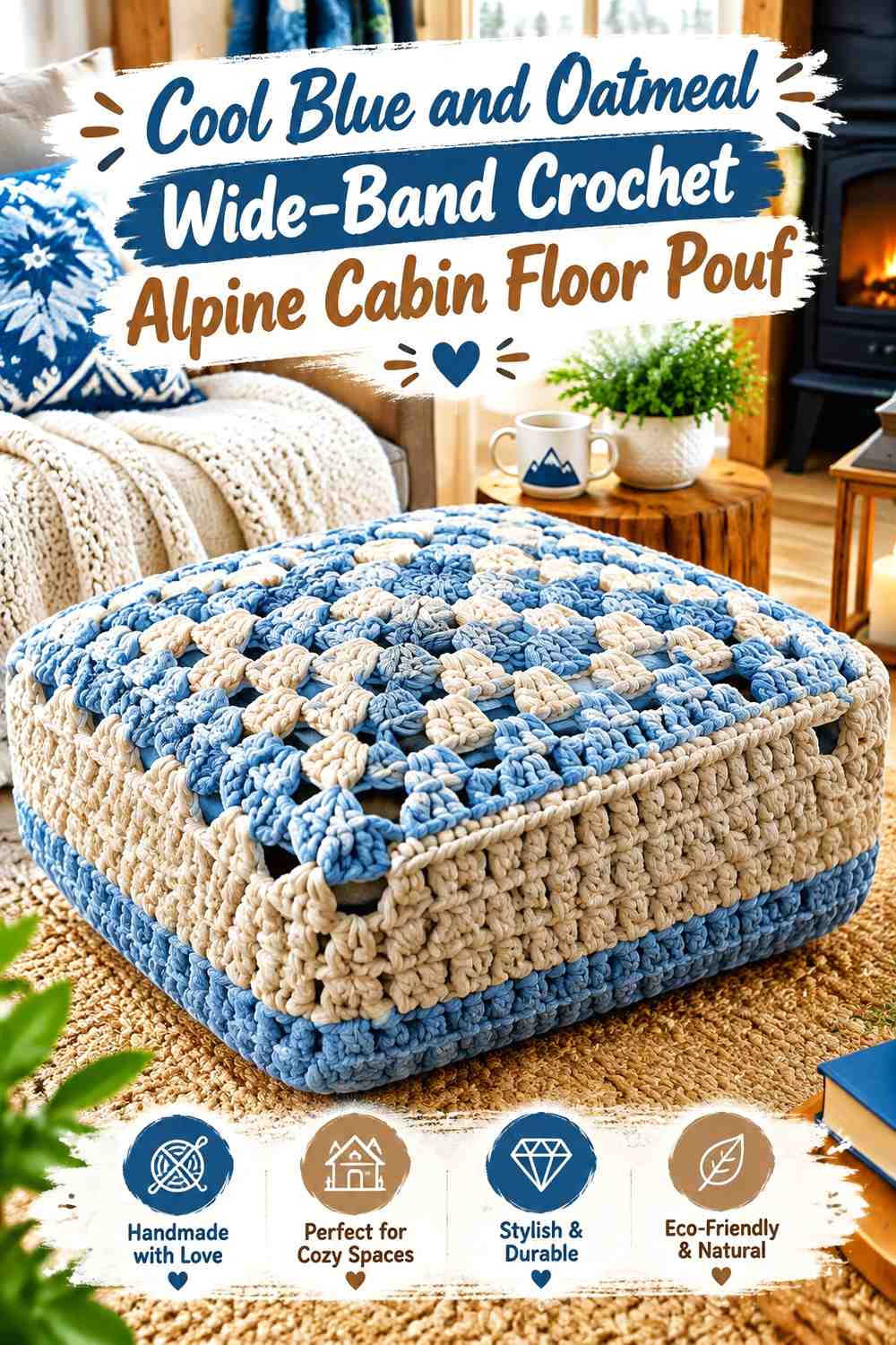 Cool Blue and Oatmeal Wide-Band Crochet Alpine Cabin Floor Pouf