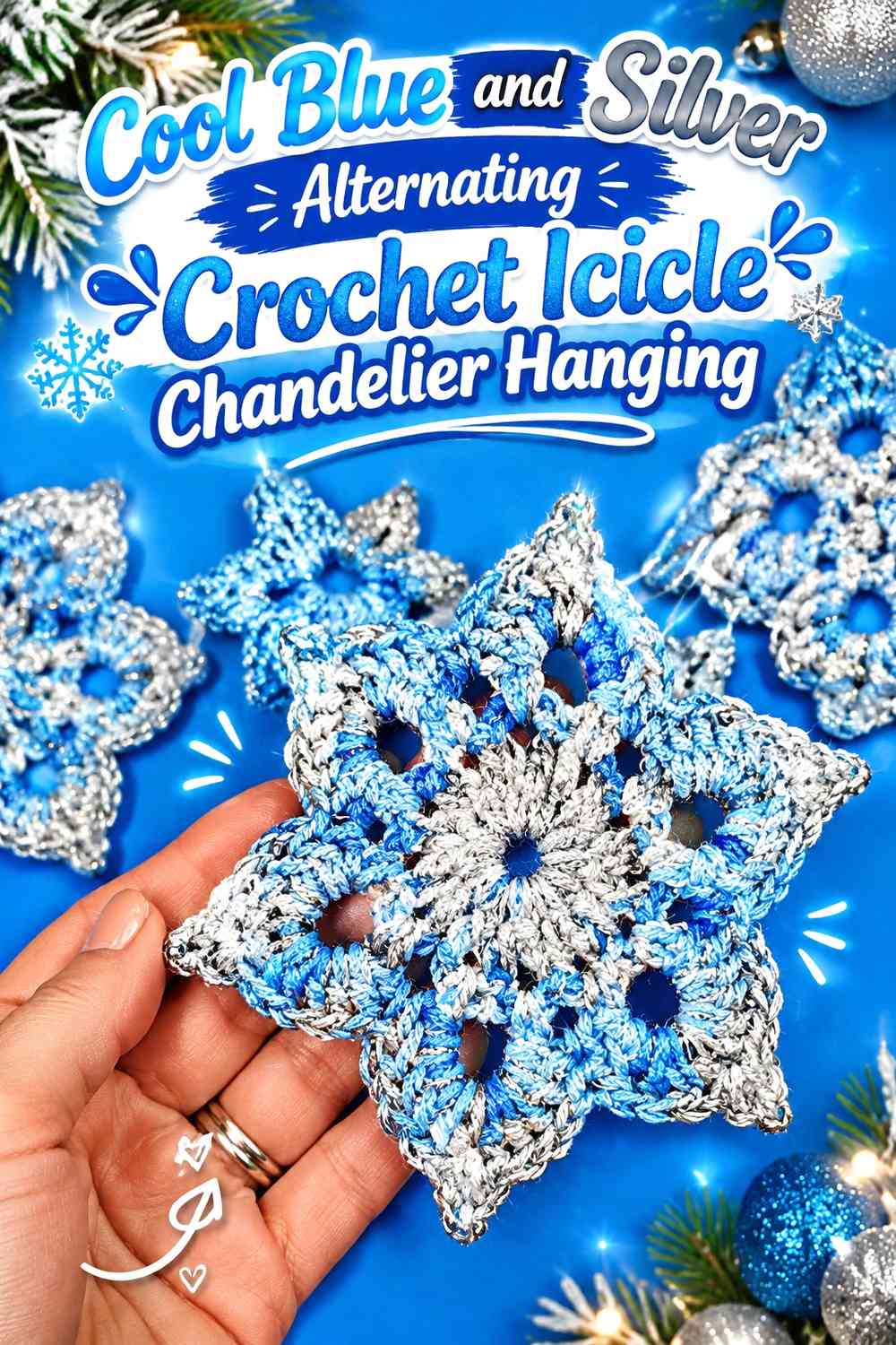 Cool Blue and Silver Alternating Crochet Icicle Chandelier Hanging