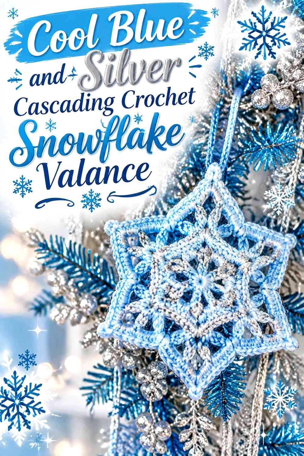 Cool Blue and Silver Cascading Crochet Snowflake Valance