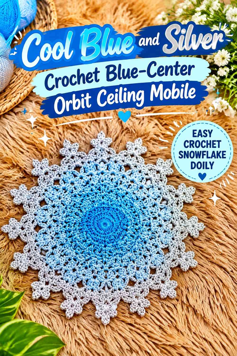 Cool Blue and Silver Crochet Blue-Center Orbit Ceiling Mobile