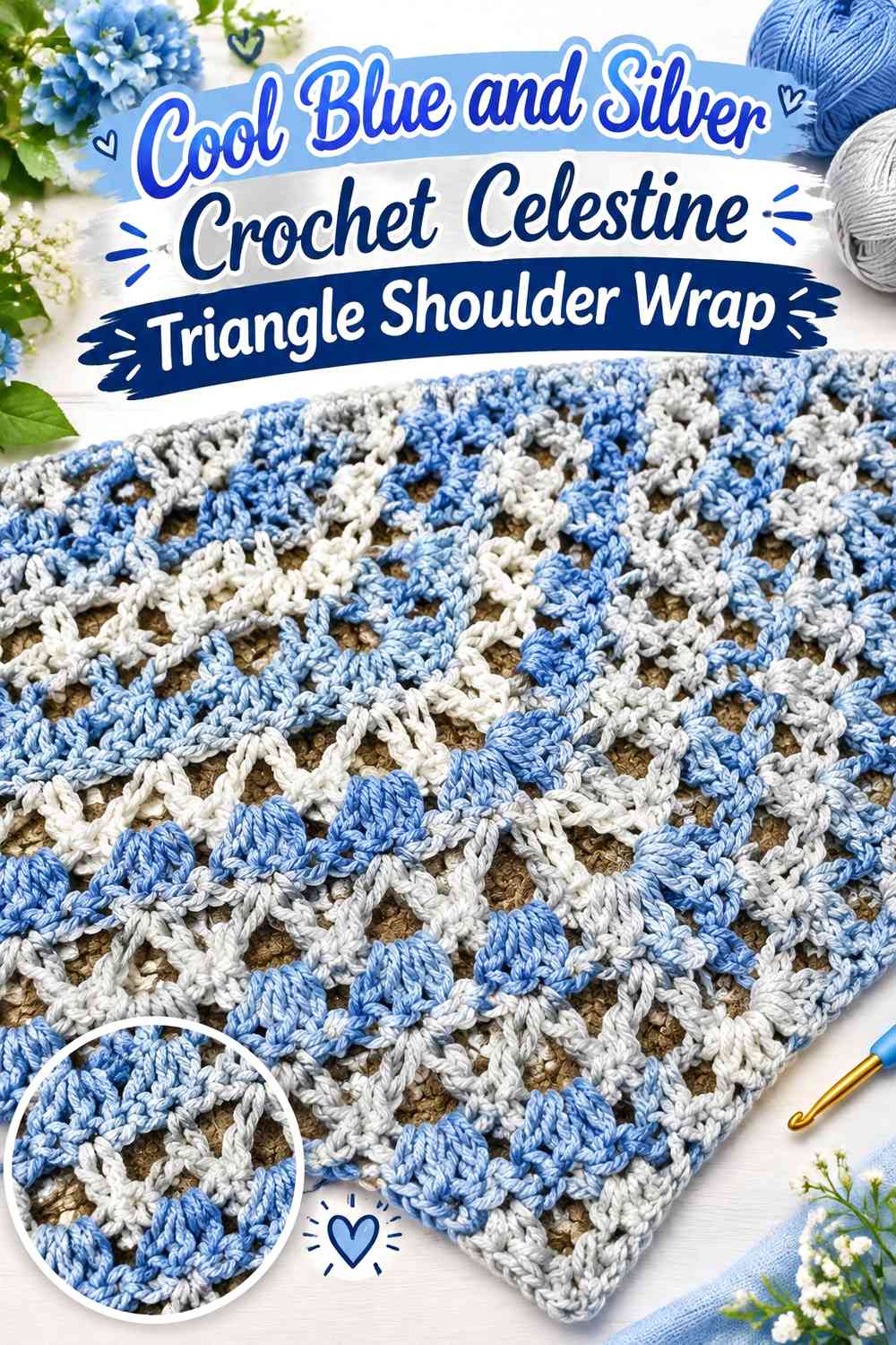 Cool Blue and Silver Crochet Celestine Triangle Shoulder Wrap