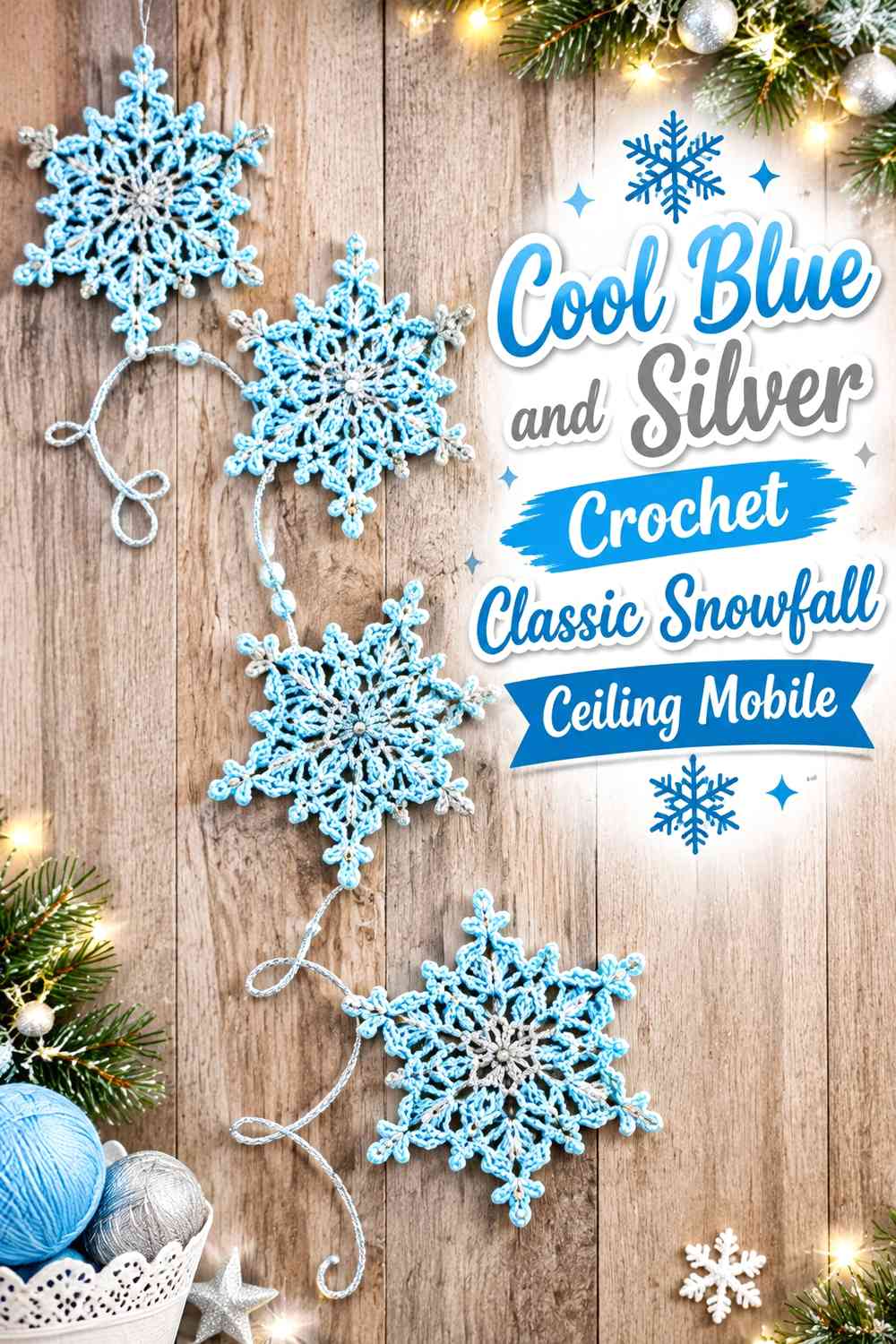 Cool Blue and Silver Crochet Classic Snowfall Ceiling Mobile