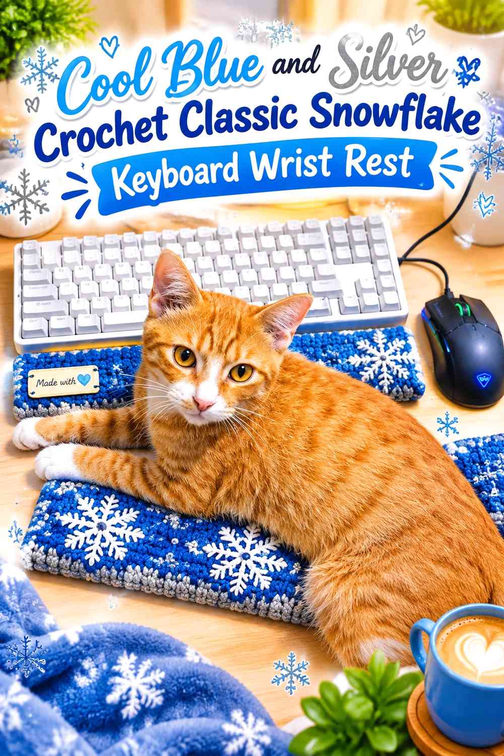 Cool Blue and Silver Crochet Classic Snowflake Keyboard Wrist Rest