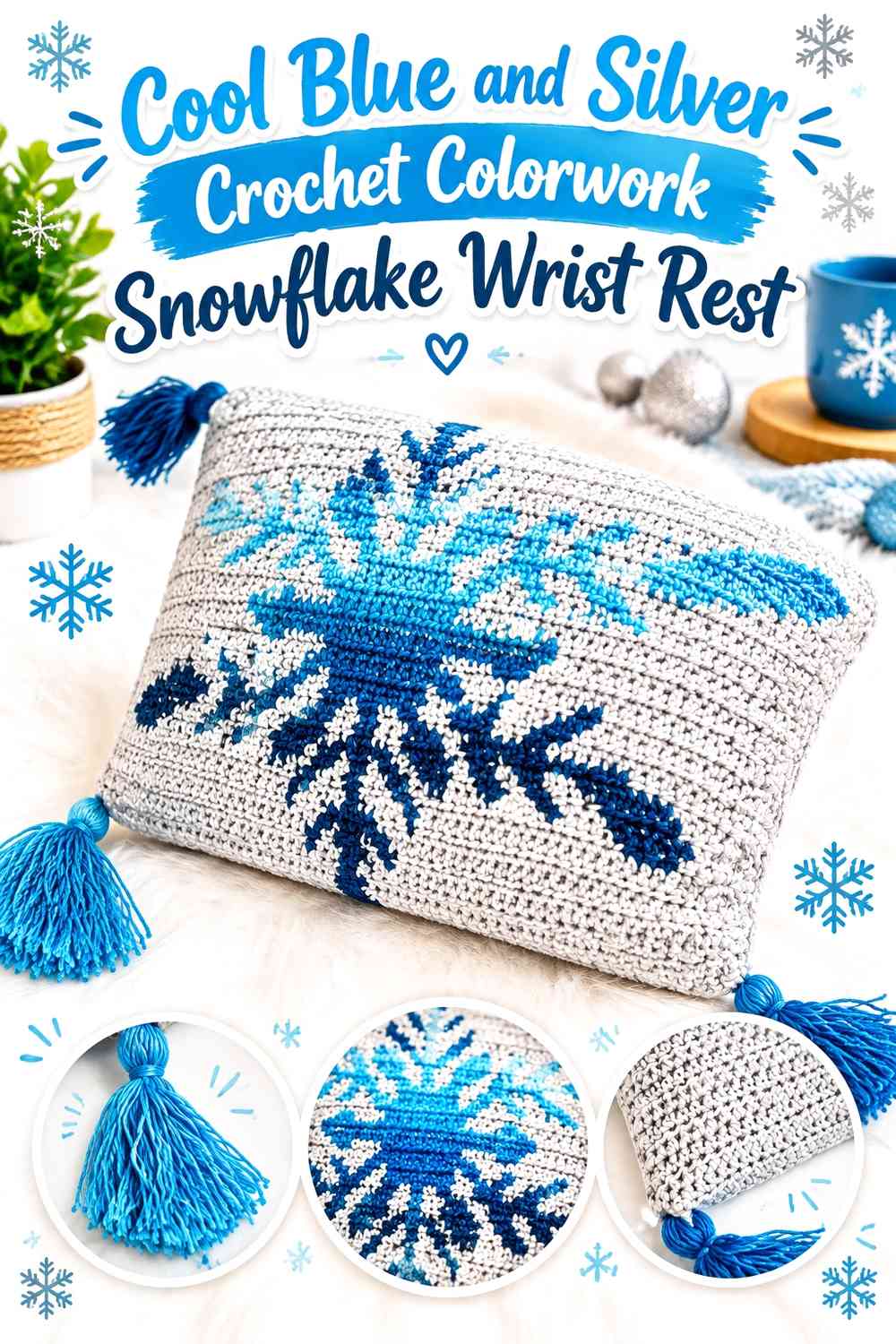 Cool Blue and Silver Crochet Colorwork Snowflake Wrist Rest