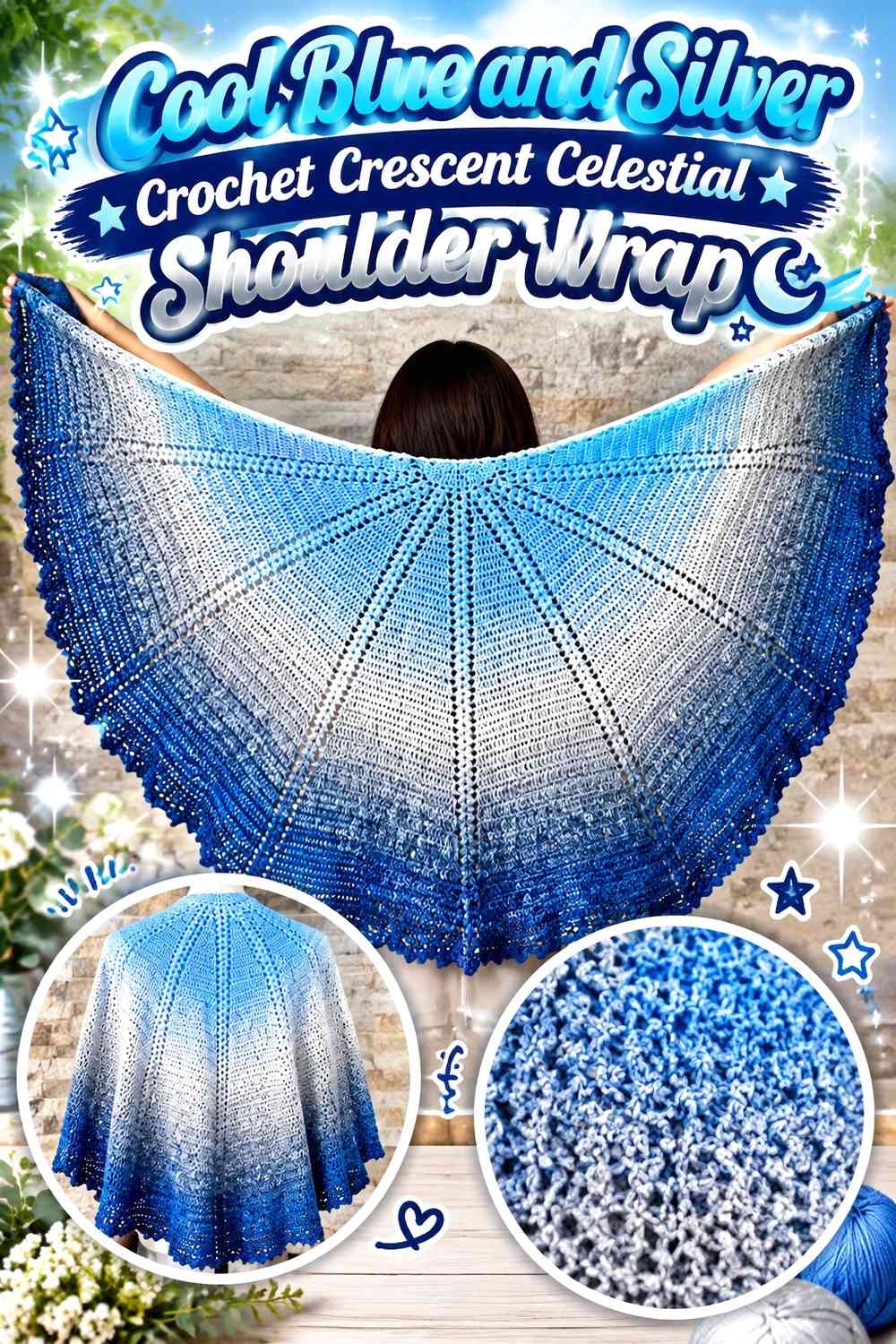 Cool Blue and Silver Crochet Crescent Celestial Shoulder Wrap
