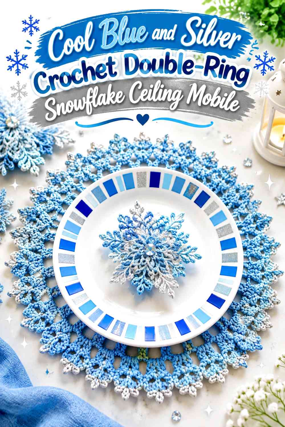 Cool Blue and Silver Crochet Double-Ring Snowflake Ceiling Mobile
