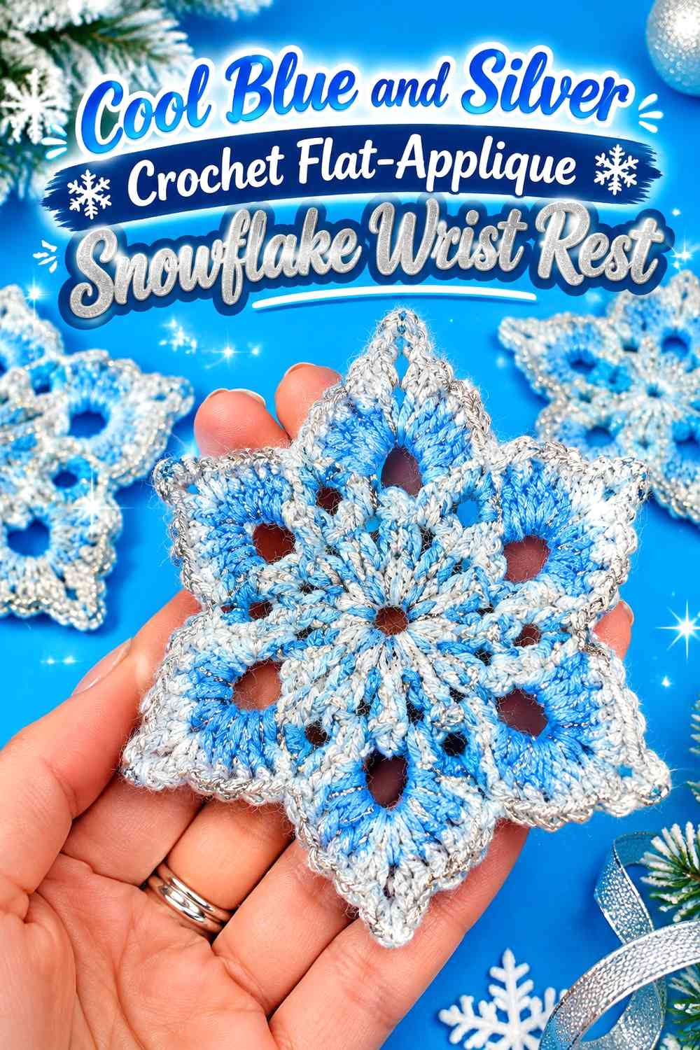 Cool Blue and Silver Crochet Flat-Applique Snowflake Wrist Rest