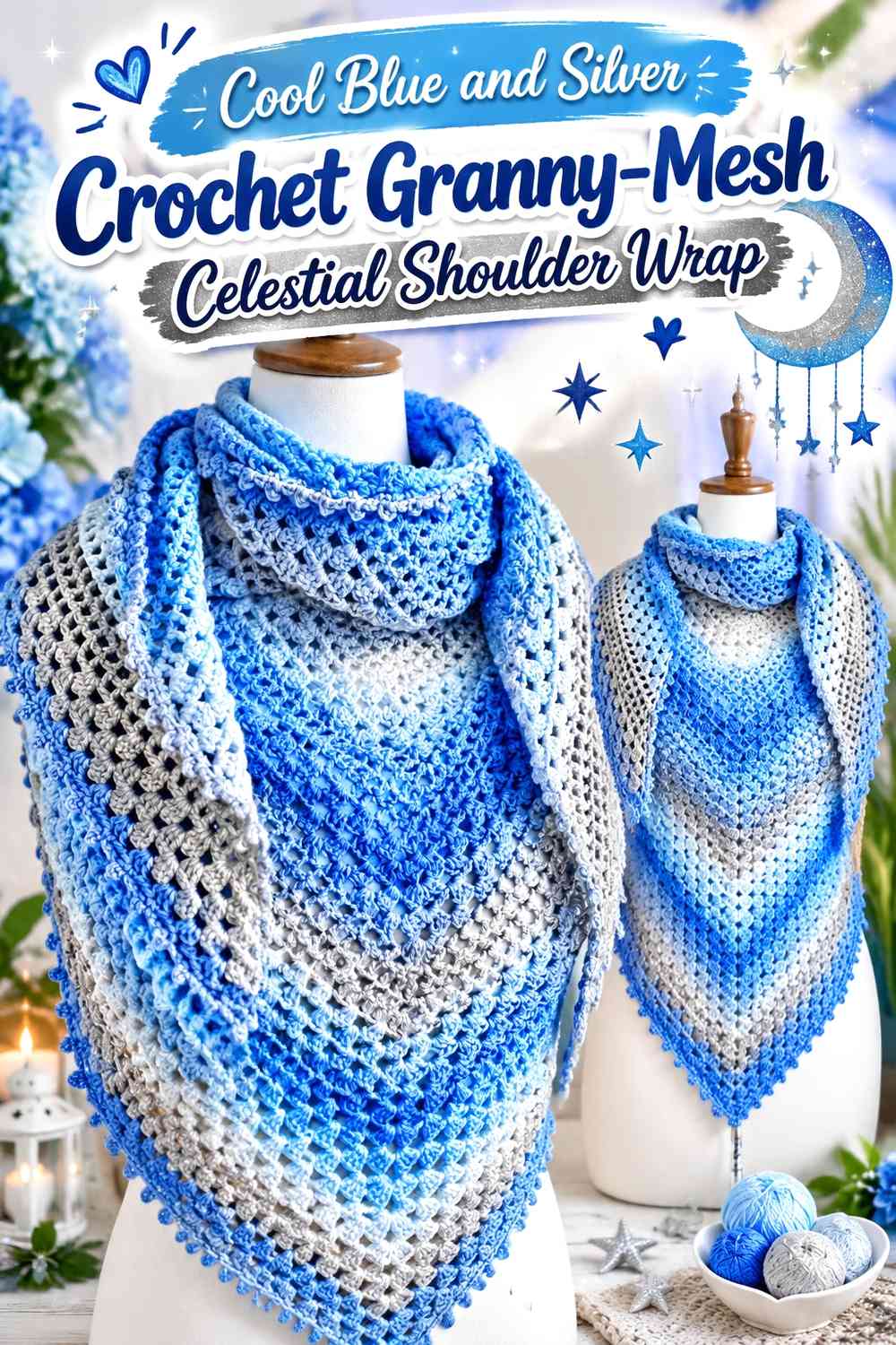 Cool Blue and Silver Crochet Granny-Mesh Celestial Shoulder Wrap