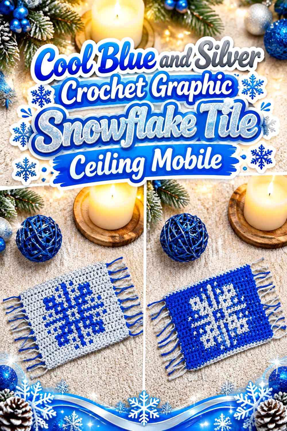 Cool Blue and Silver Crochet Graphic Snowflake Tile Ceiling Mobile