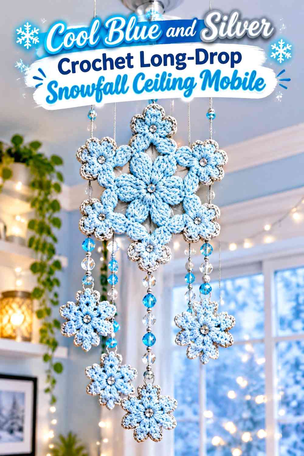 Cool Blue and Silver Crochet Long-Drop Snowfall Ceiling Mobile