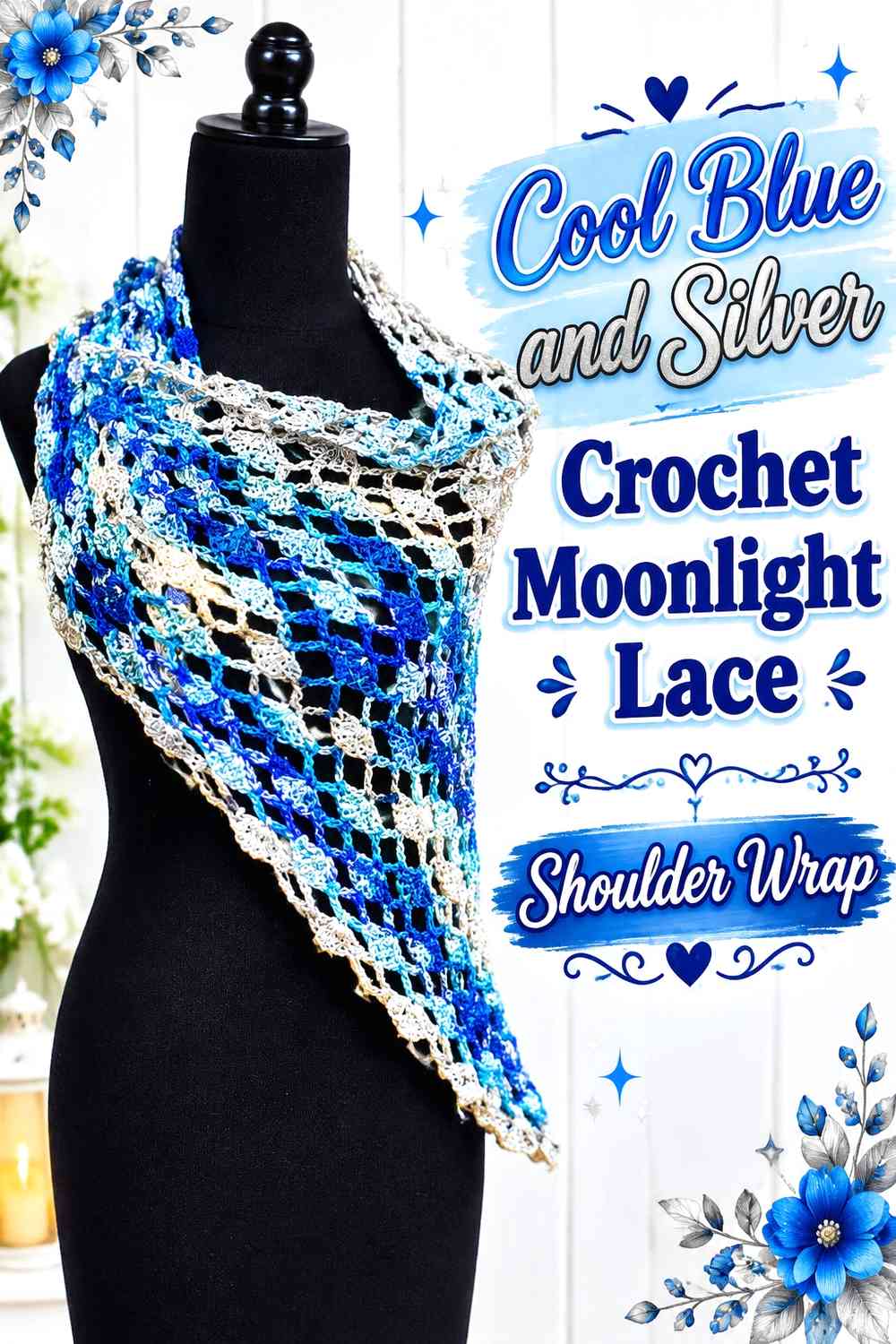 Cool Blue and Silver Crochet Moonlight Lace Shoulder Wrap