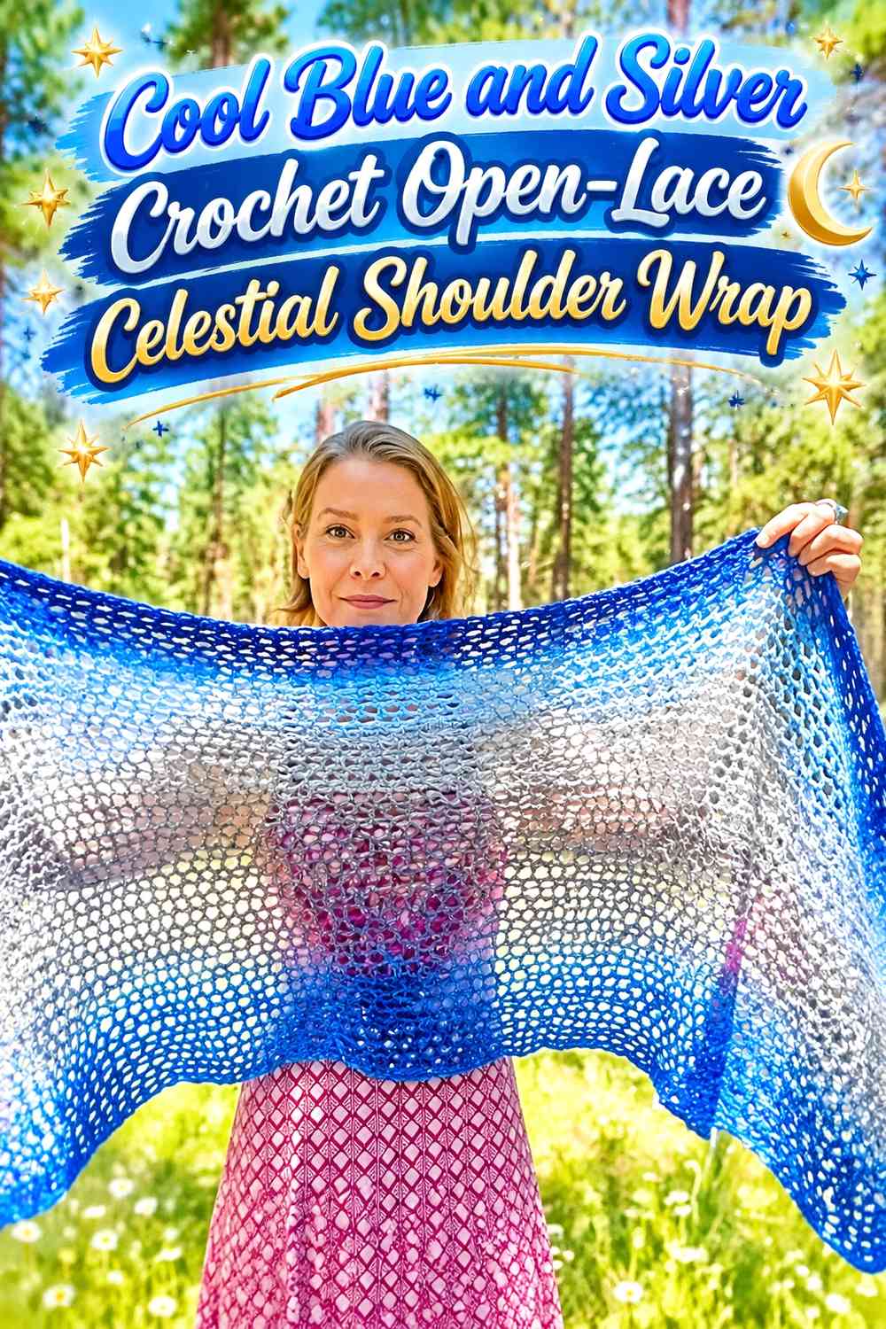 Cool Blue and Silver Crochet Open-Lace Celestial Shoulder Wrap