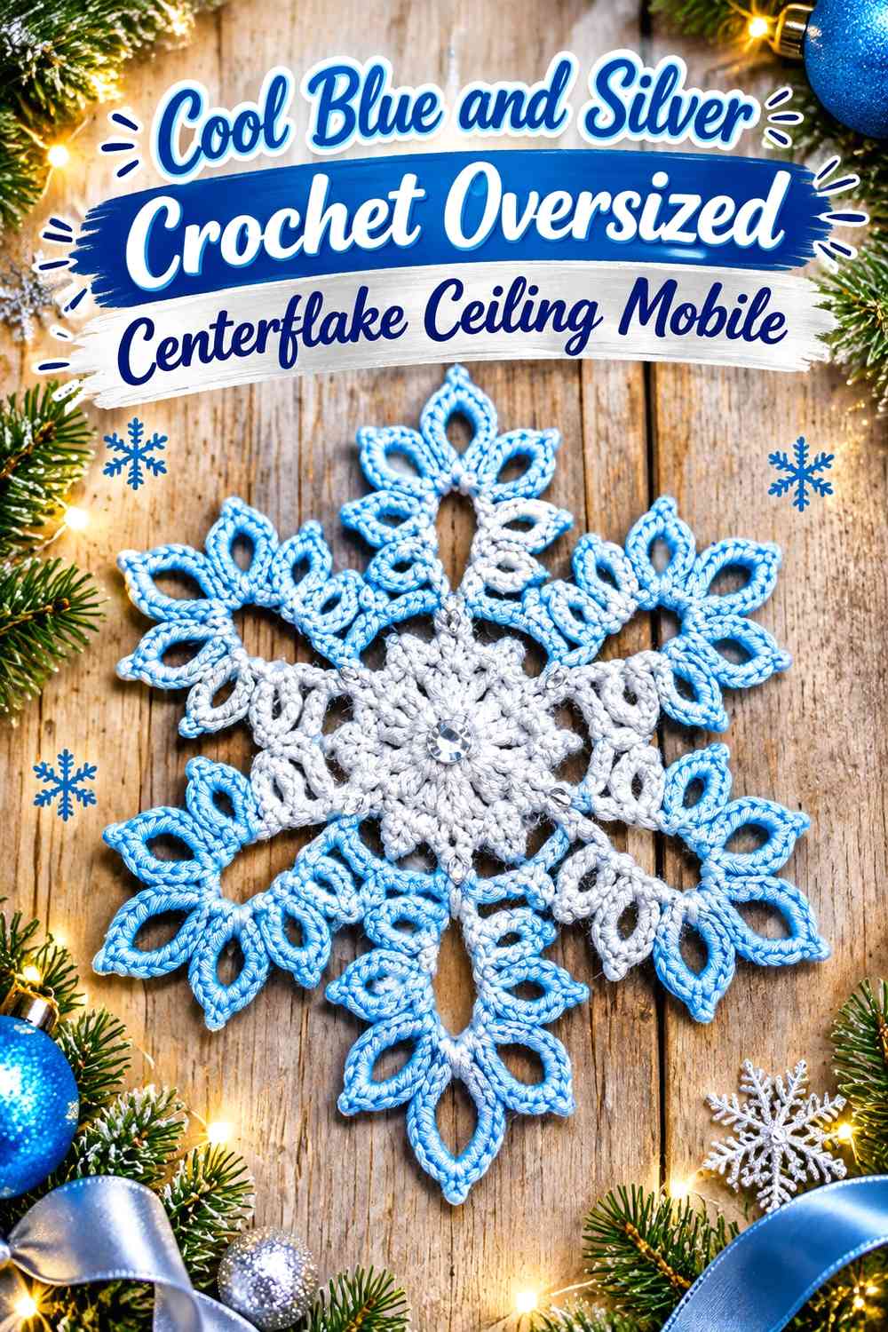 Cool Blue and Silver Crochet Oversized Centerflake Ceiling Mobile
