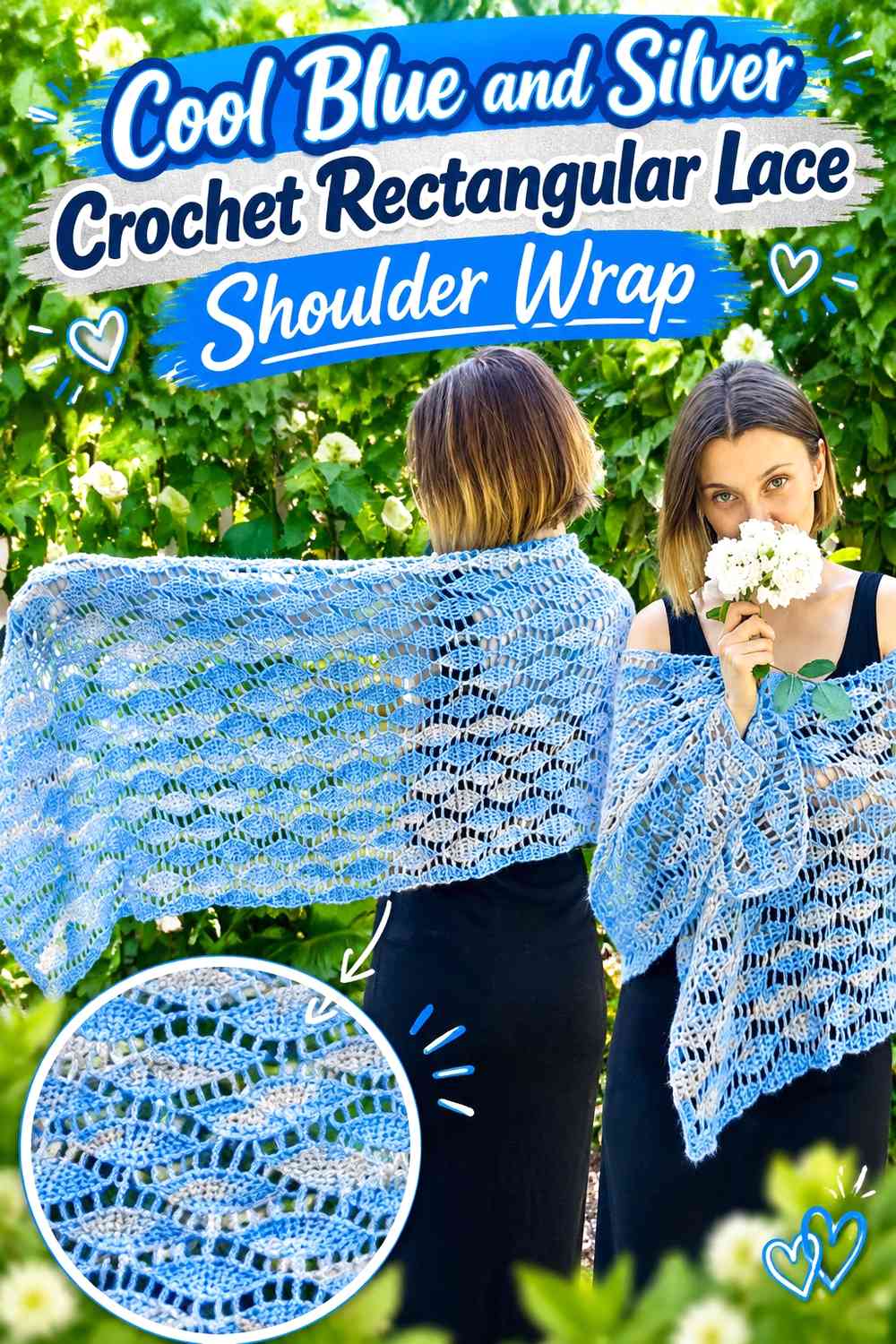 Cool Blue and Silver Crochet Rectangular Lace Shoulder Wrap