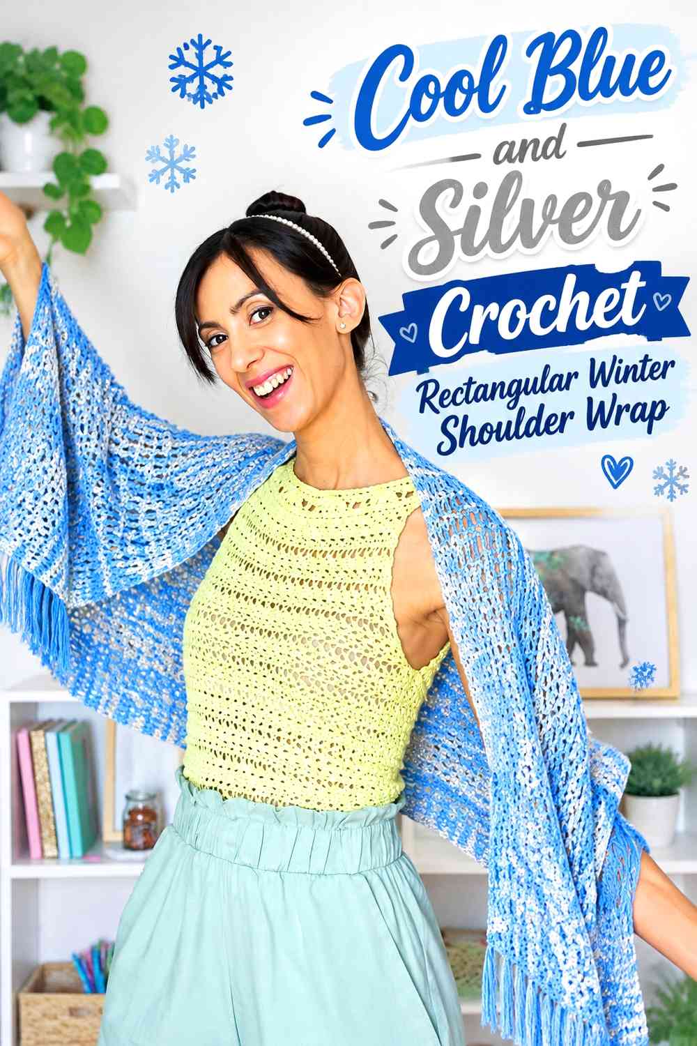 Cool Blue and Silver Crochet Rectangular Winter Shoulder Wrap
