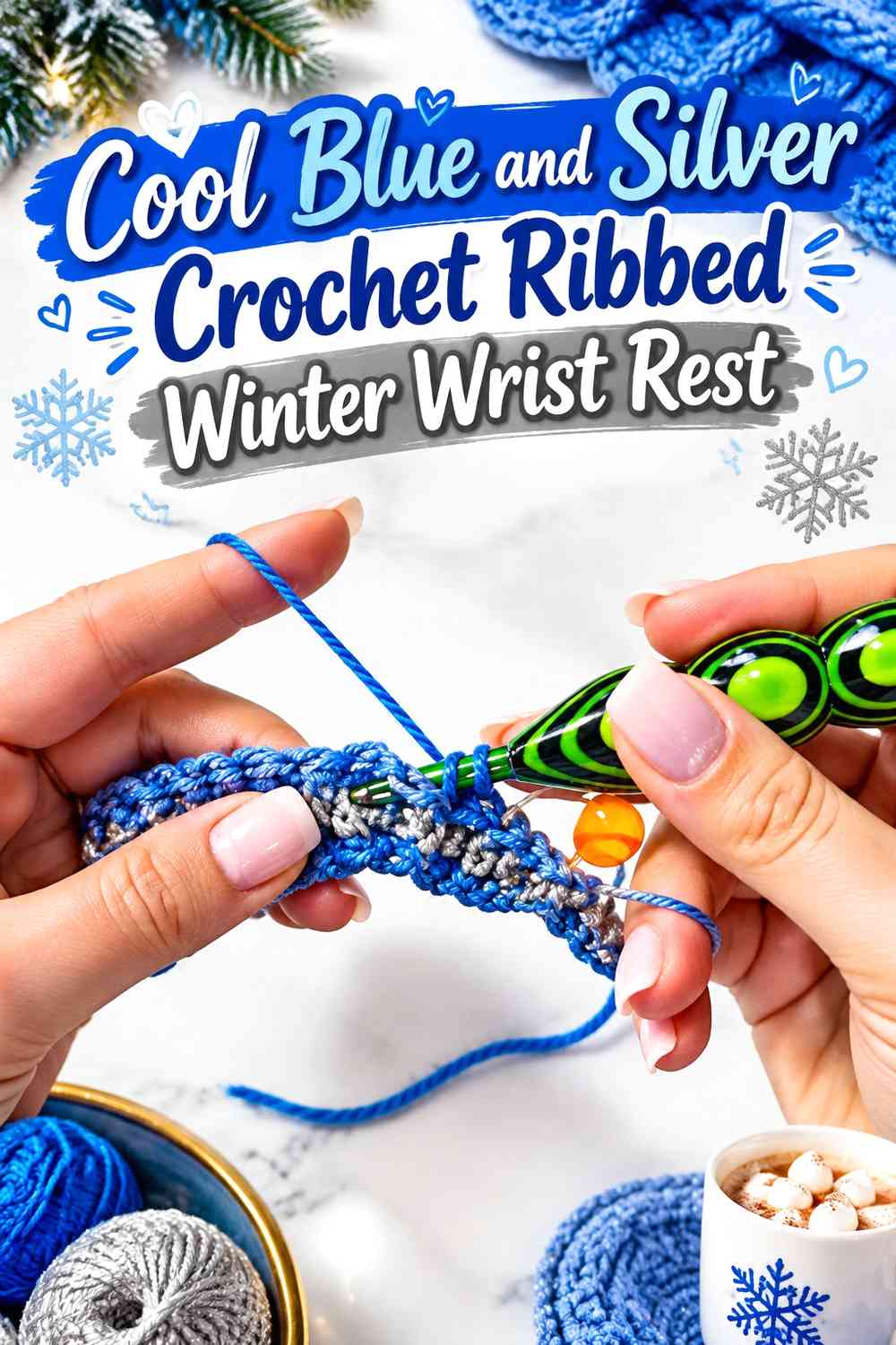 Cool Blue and Silver Crochet Ribbed Winter Wrist Rest