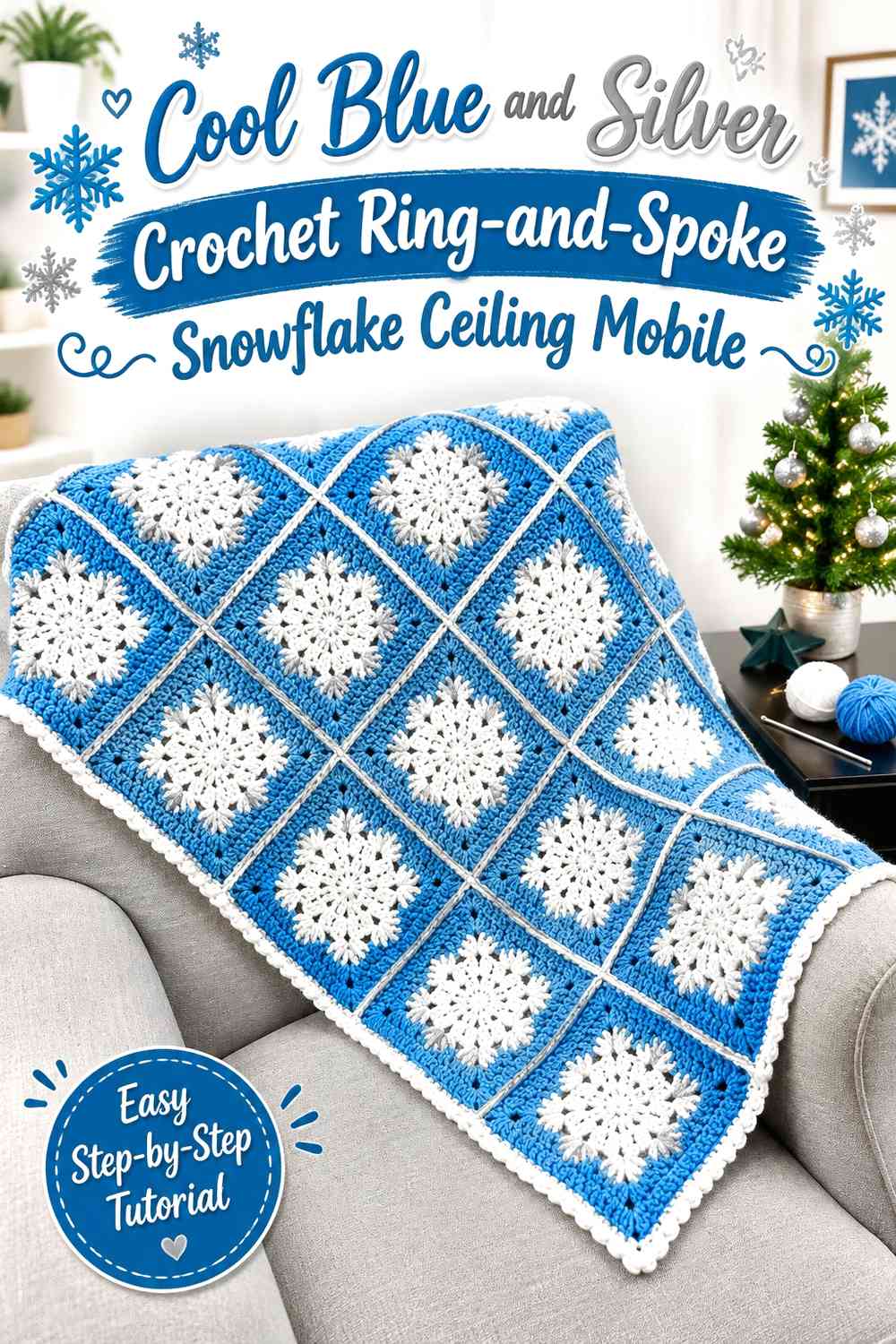 Cool Blue and Silver Crochet Ring-and-Spoke Snowflake Ceiling Mobile
