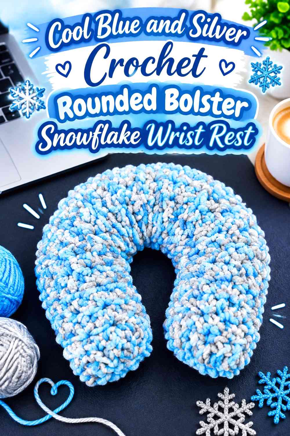 Cool Blue and Silver Crochet Rounded Bolster Snowflake Wrist Rest
