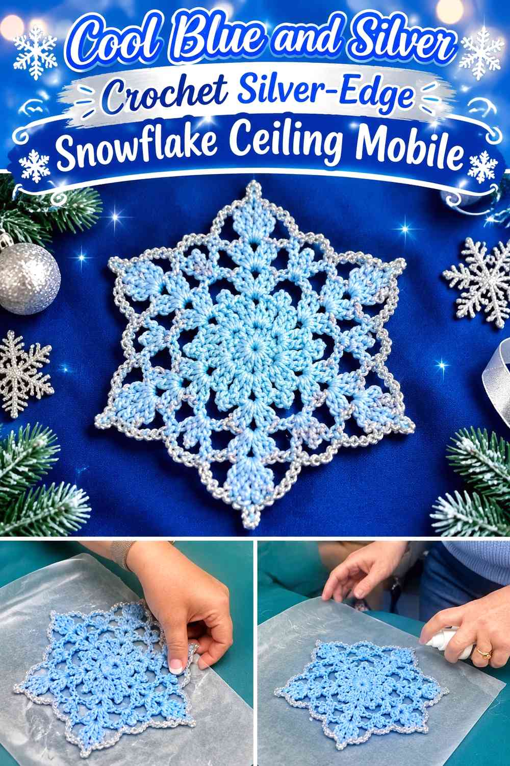 Cool Blue and Silver Crochet Silver-Edge Snowflake Ceiling Mobile
