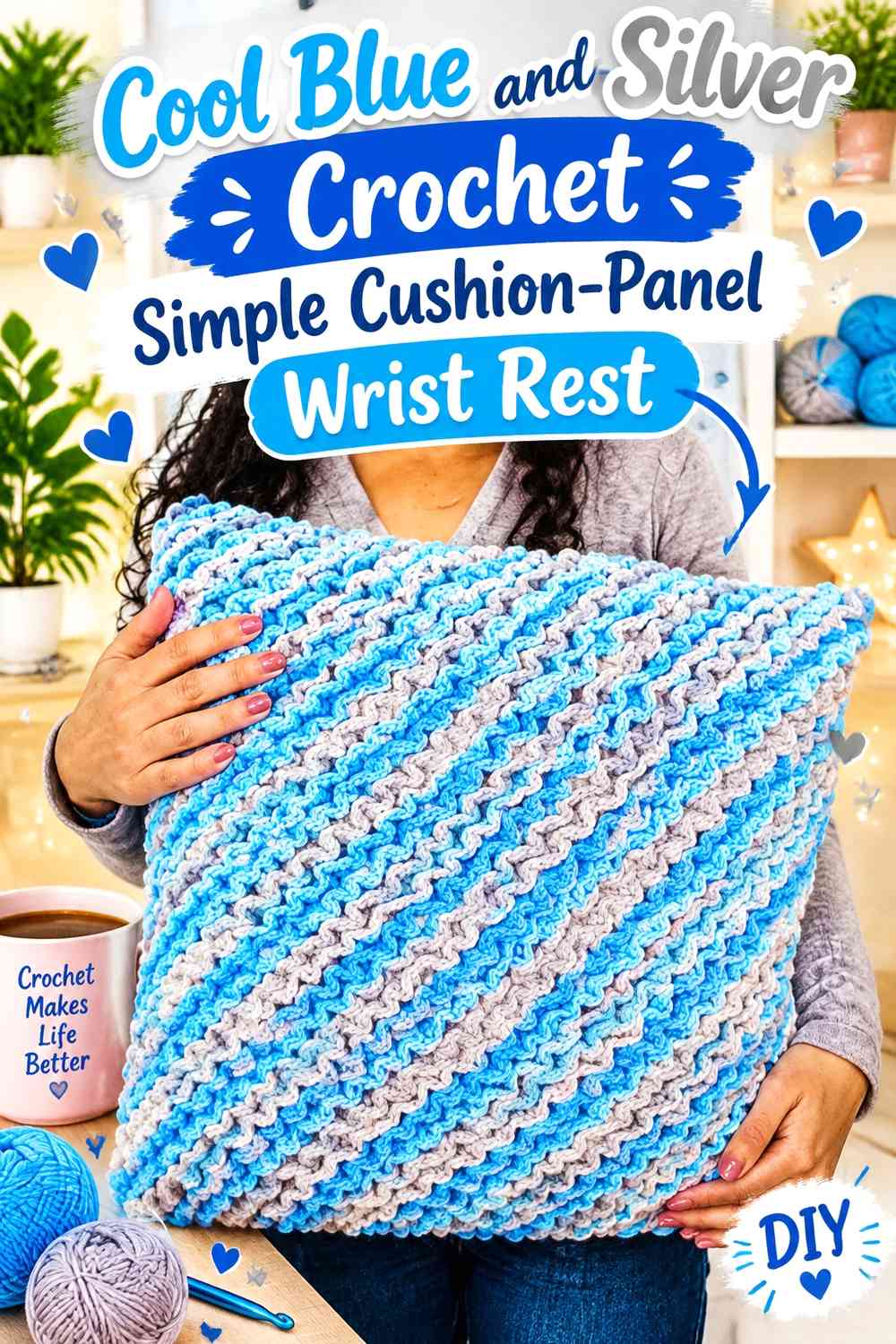 Cool Blue and Silver Crochet Simple Cushion-Panel Wrist Rest