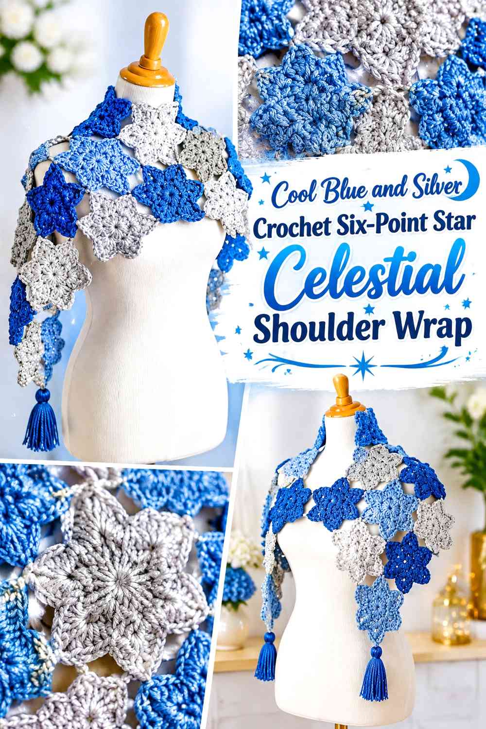 Cool Blue and Silver Crochet Six-Point Star Celestial Shoulder Wrap