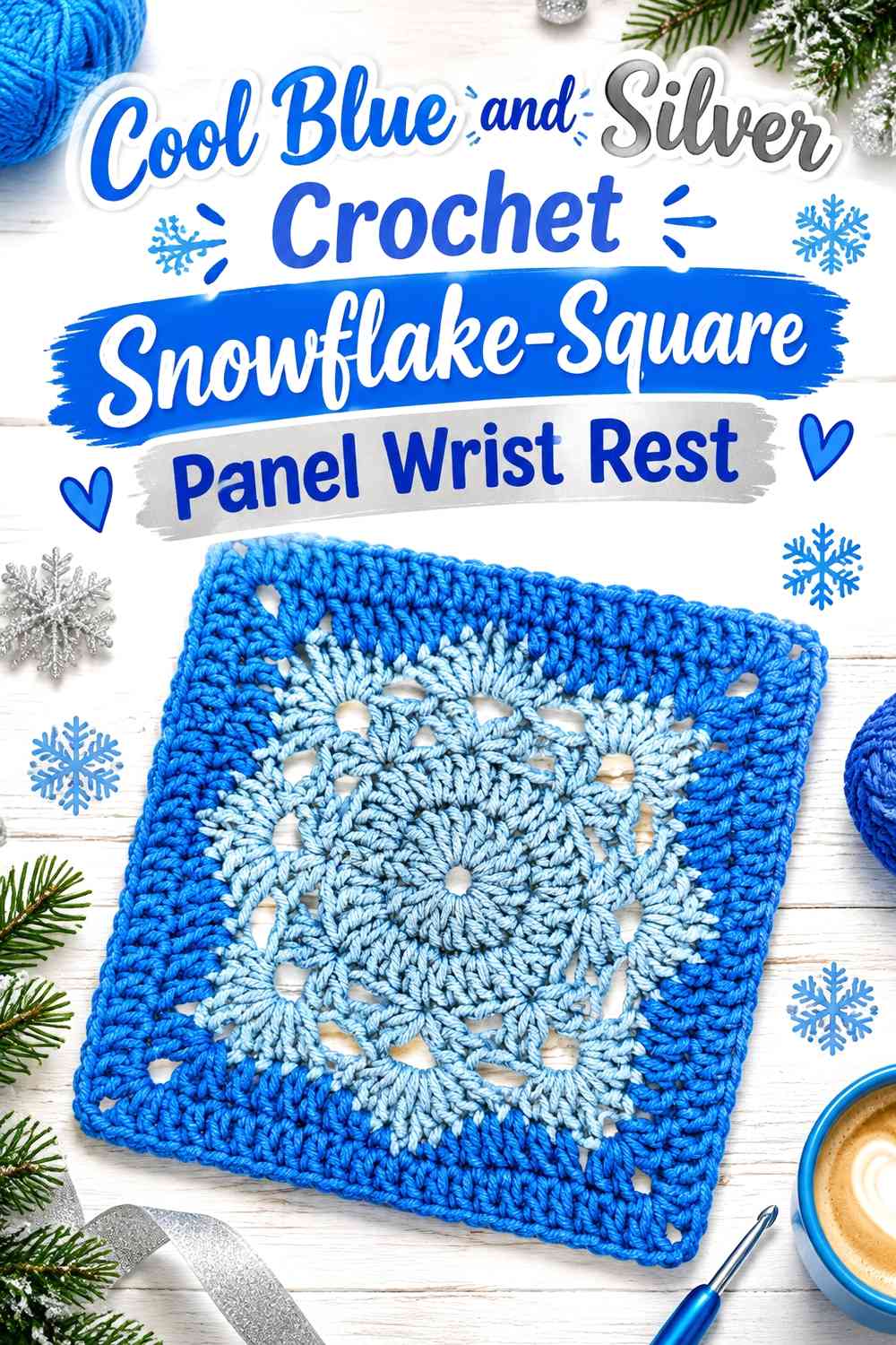Cool Blue and Silver Crochet Snowflake-Square Panel Wrist Rest