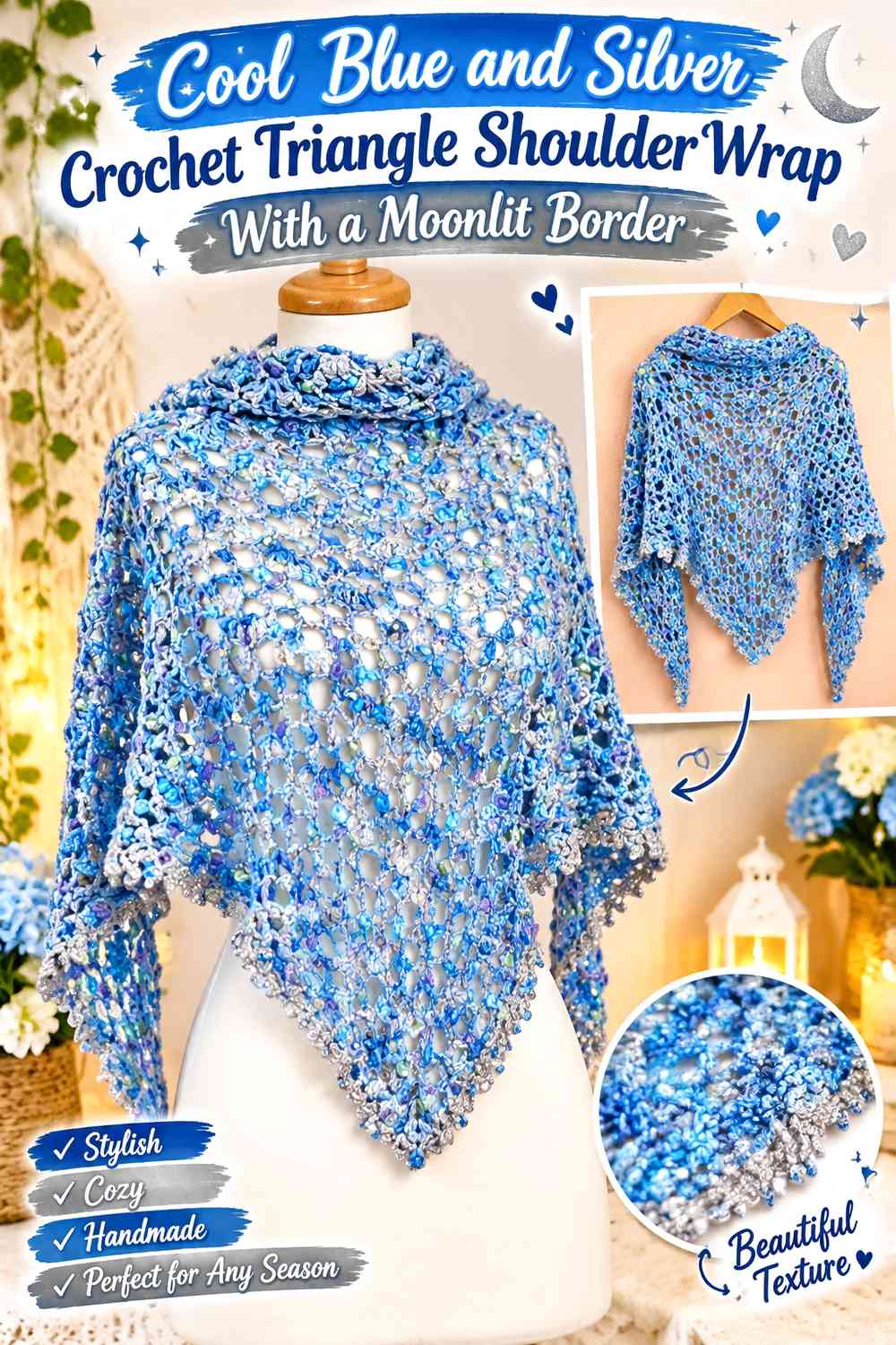 Cool Blue and Silver Crochet Triangle Shoulder Wrap With a Moonlit Border