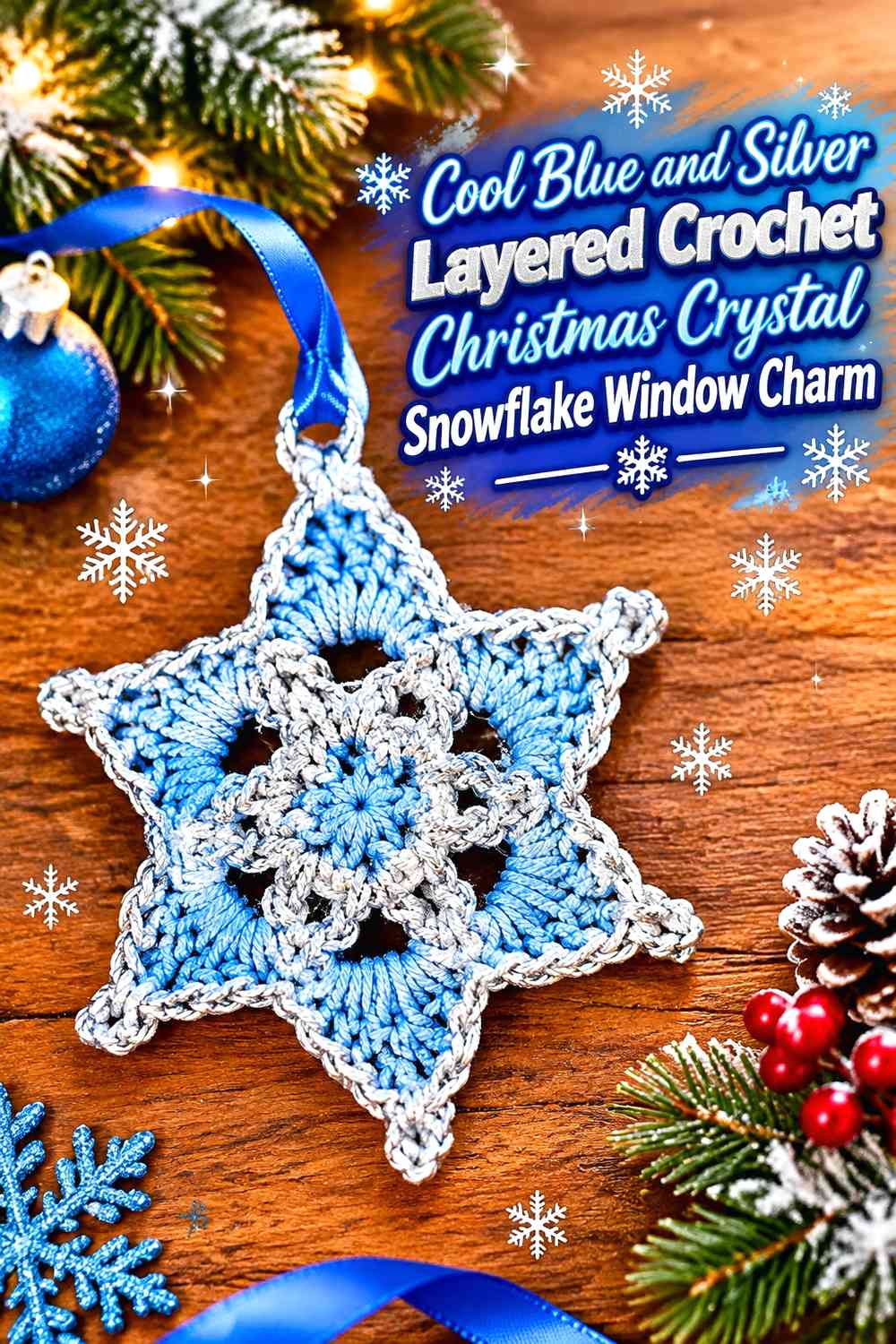 Cool Blue and Silver Layered Crochet Christmas Crystal Snowflake Window Charm