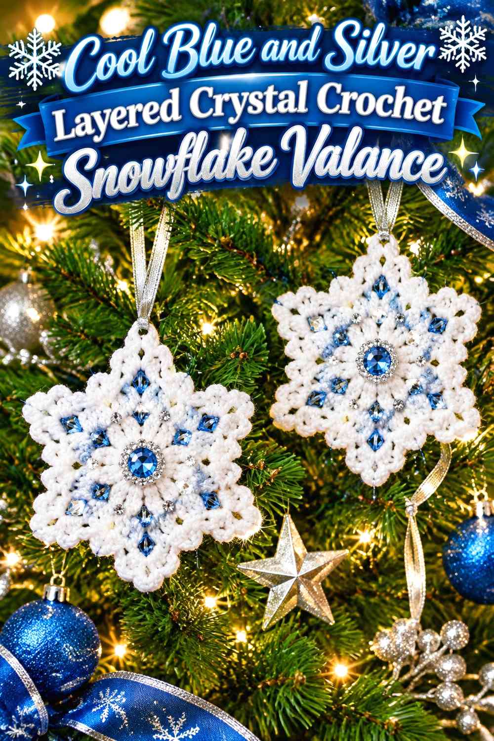 Cool Blue and Silver Layered Crystal Crochet Snowflake Valance