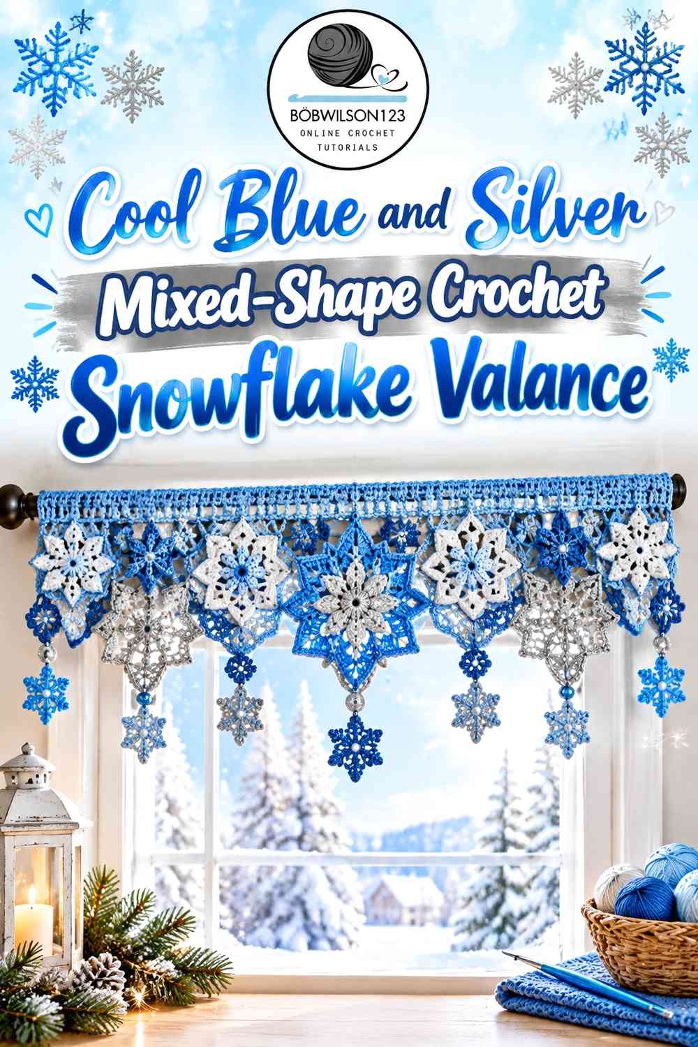 Cool Blue and Silver Mixed-Shape Crochet Snowflake Valance