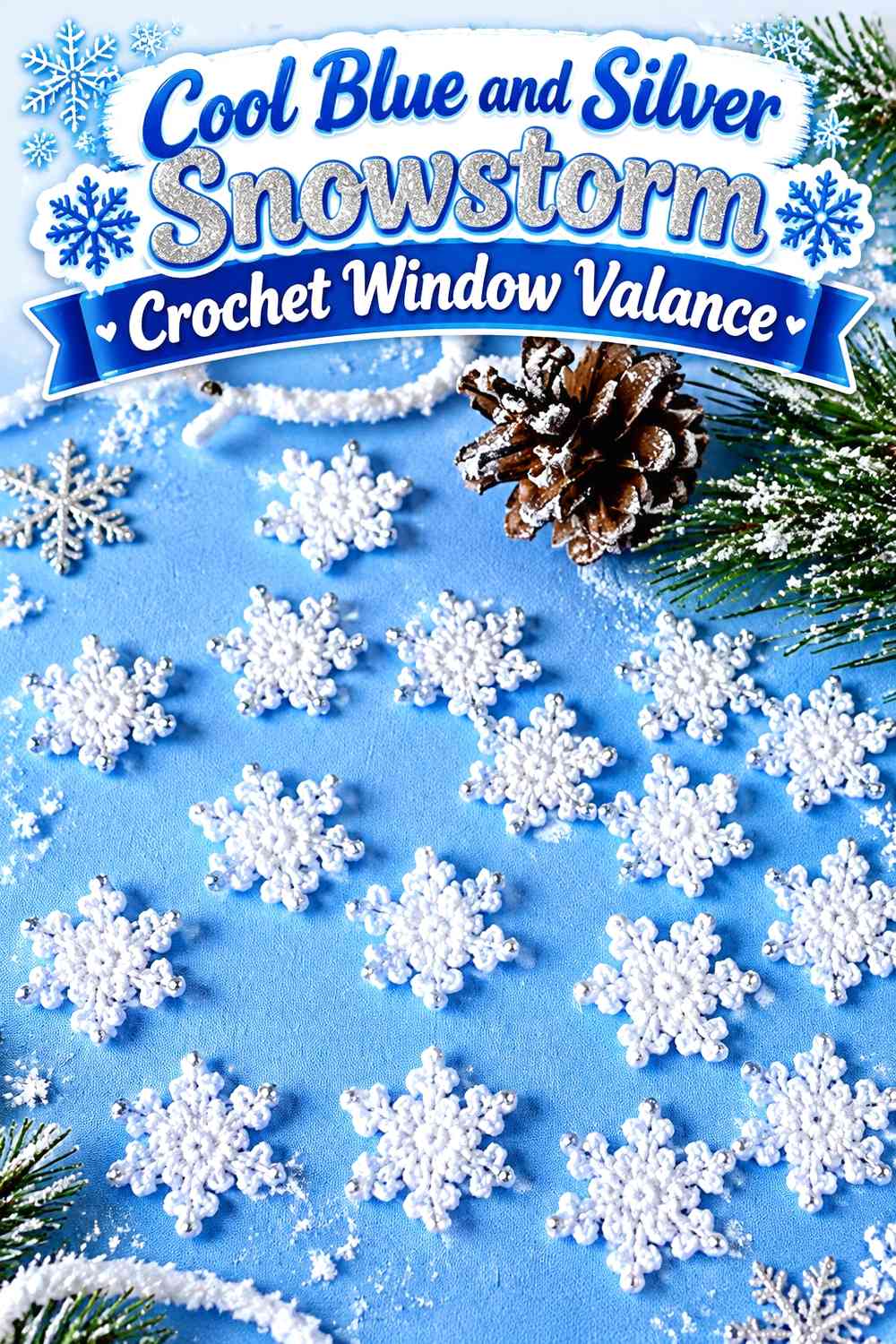 Cool Blue and Silver Snowstorm Crochet Window Valance