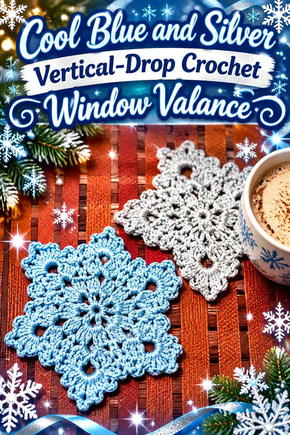 Cool Blue and Silver Vertical-Drop Crochet Window Valance
