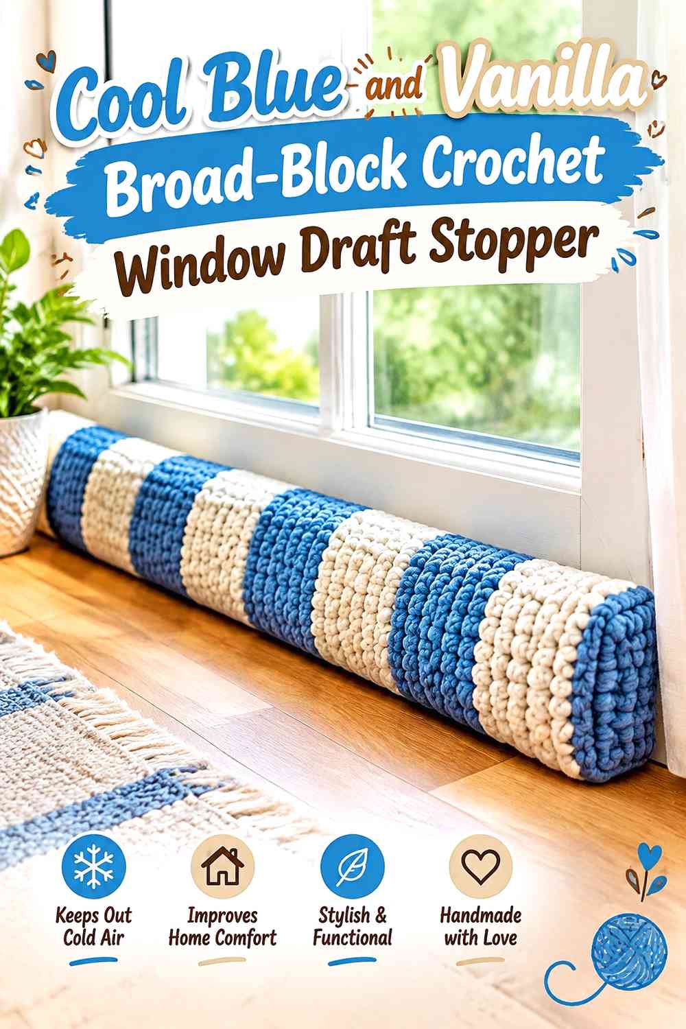 Cool Blue and Vanilla Broad-Block Crochet Window Draft Stopper