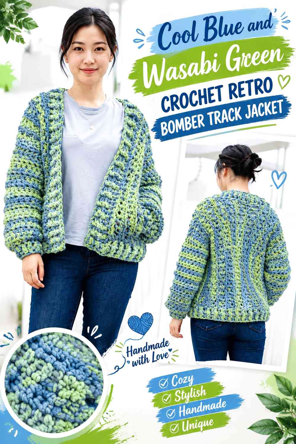 Cool Blue and Wasabi Green Crochet Retro Bomber Track Jacket