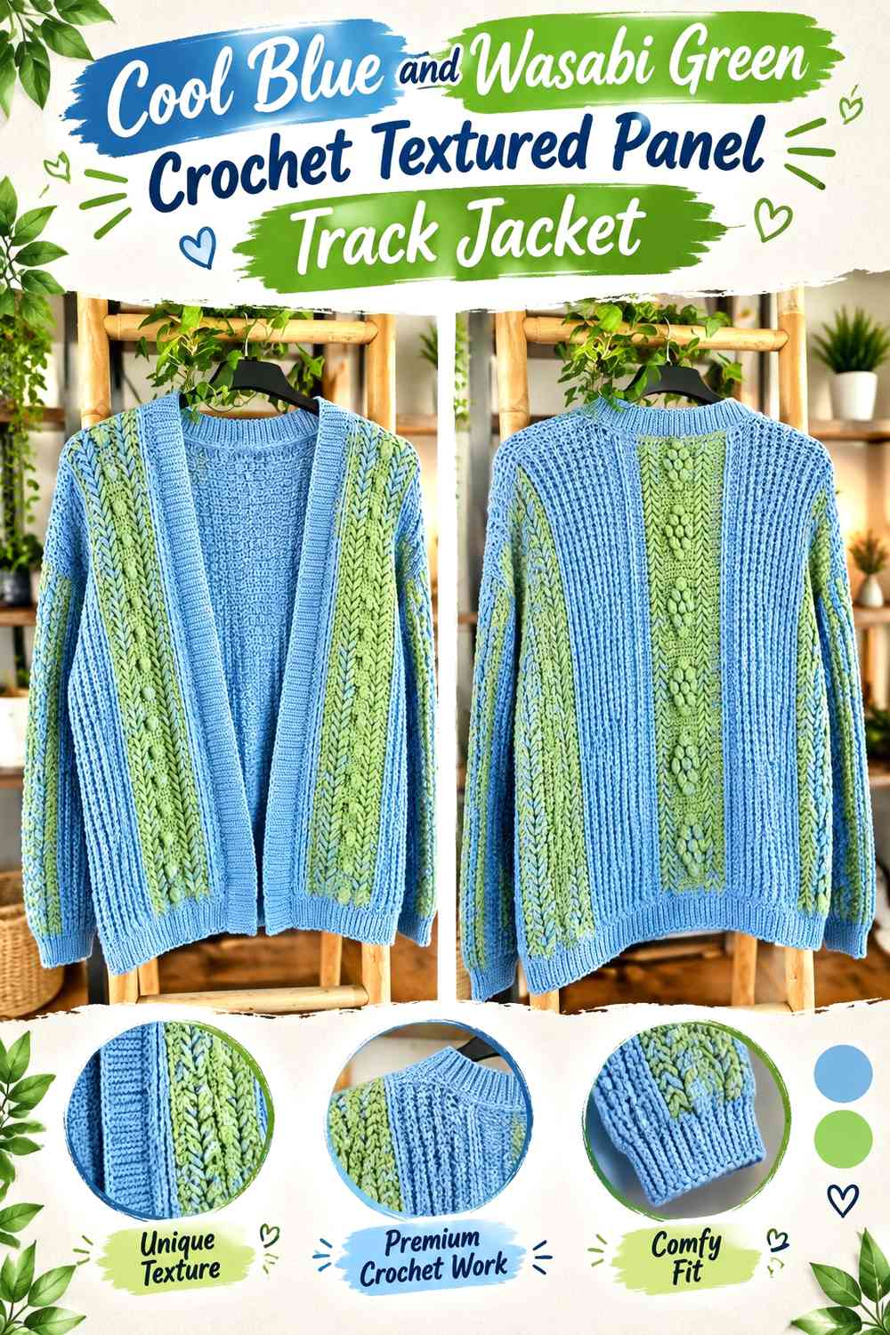 Cool Blue and Wasabi Green Crochet Textured Panel Track Jacket
