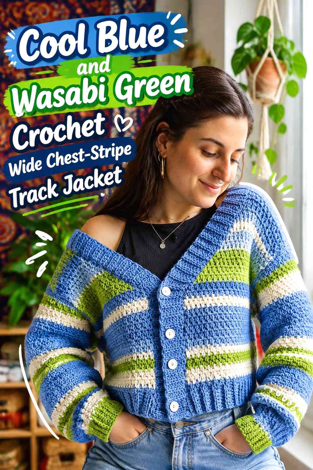 Cool Blue and Wasabi Green Crochet Wide Chest-Stripe Track Jacket