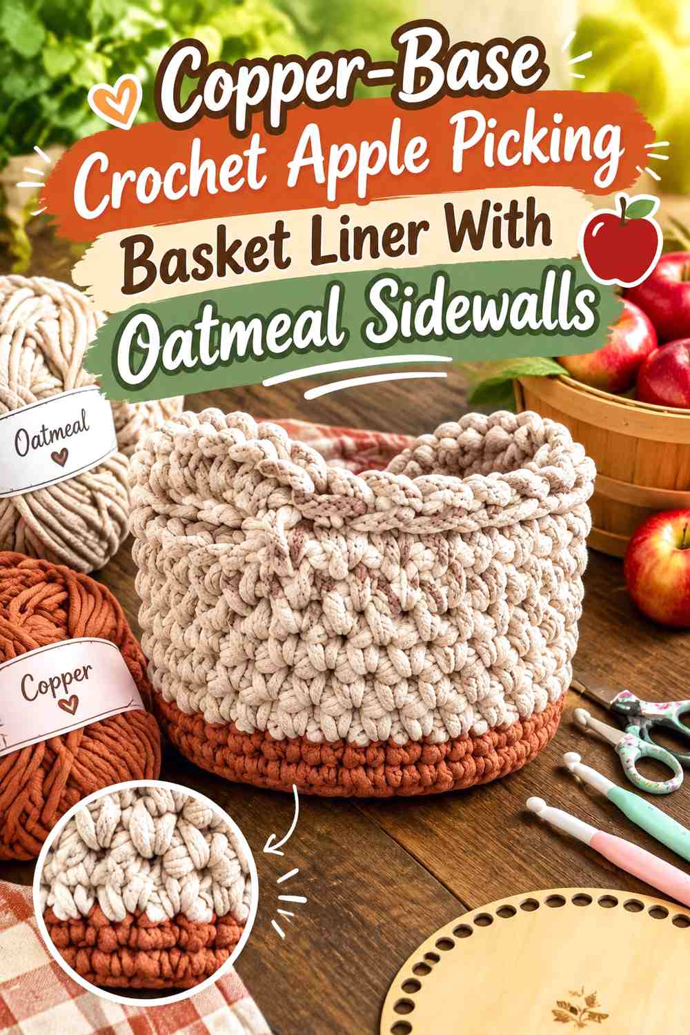 Copper-Base Crochet Apple Picking Basket Liner With Oatmeal Sidewalls