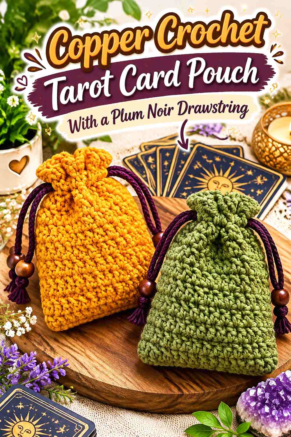 Copper Crochet Tarot Card Pouch With a Plum Noir Drawstring