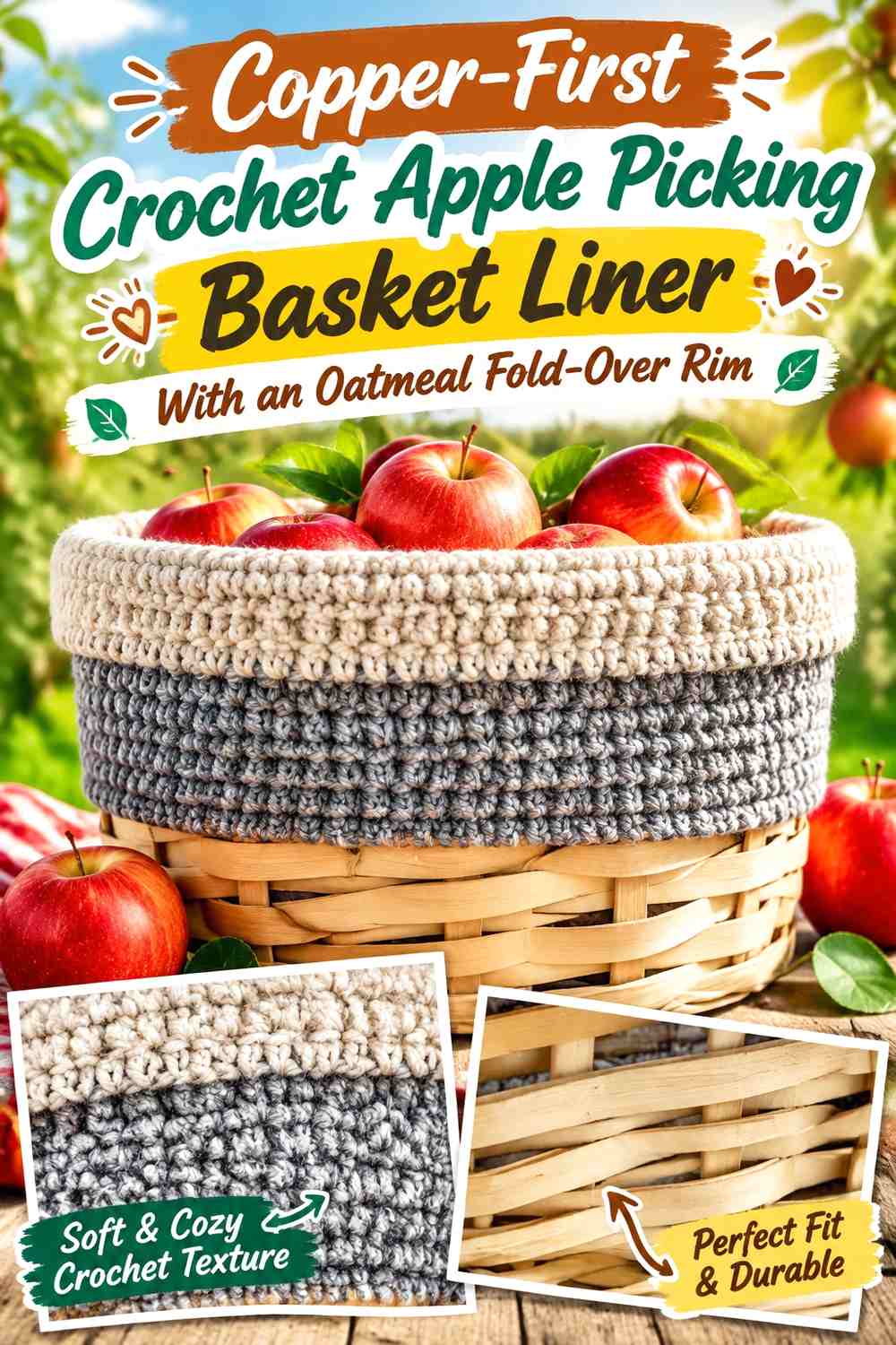 Copper-First Crochet Apple Picking Basket Liner With an Oatmeal Fold-Over Rim
