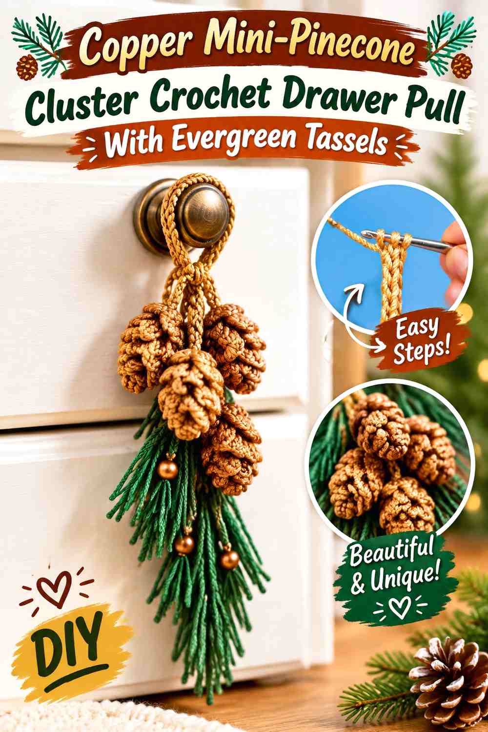 Copper Mini-Pinecone Cluster Crochet Drawer Pull With Evergreen Tassels