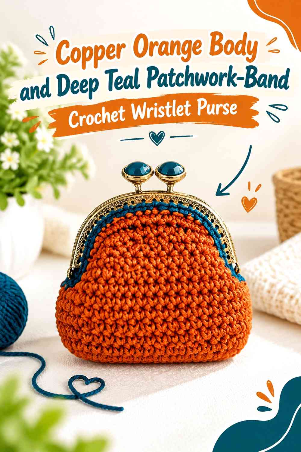 Copper Orange Body and Deep Teal Patchwork-Band Crochet Wristlet Purse