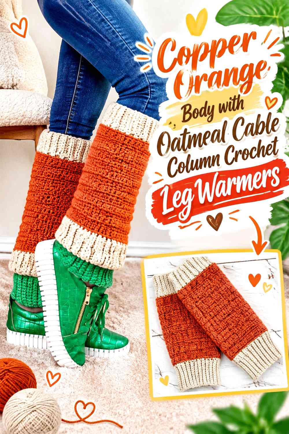 Copper Orange Body with Oatmeal Cable Column Crochet Leg Warmers