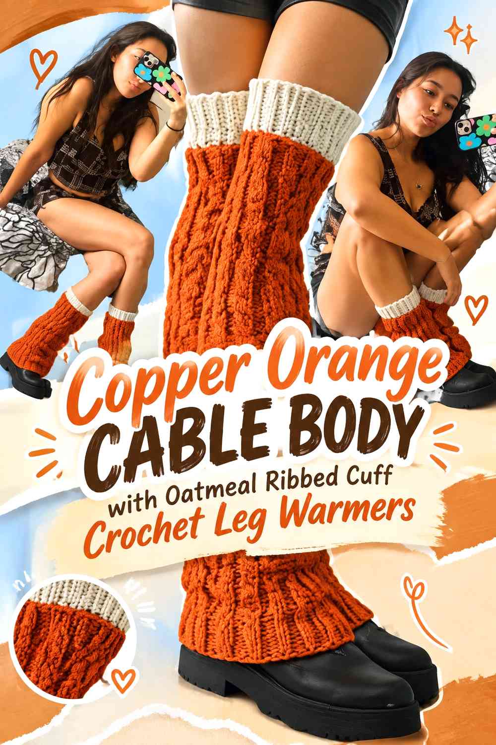 Copper Orange Cable Body with Oatmeal Ribbed Cuff Crochet Leg Warmers