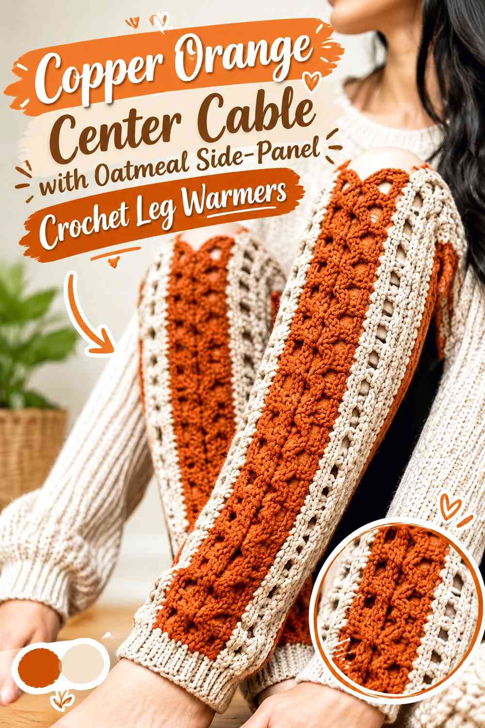 Copper Orange Center Cable with Oatmeal Side-Panel Crochet Leg Warmers